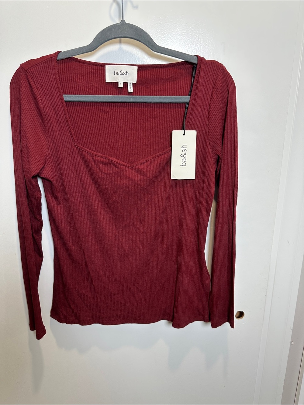 ba&sh Burgundy Ribbed Long Sleeve Square Neck Top (61)